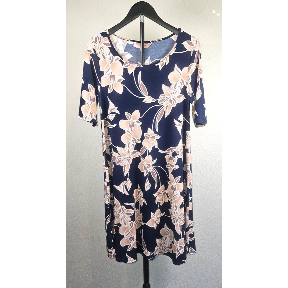SJS Womens Medium‎ Navy Floral Dress Flower A-Line Swing Stretch Casual